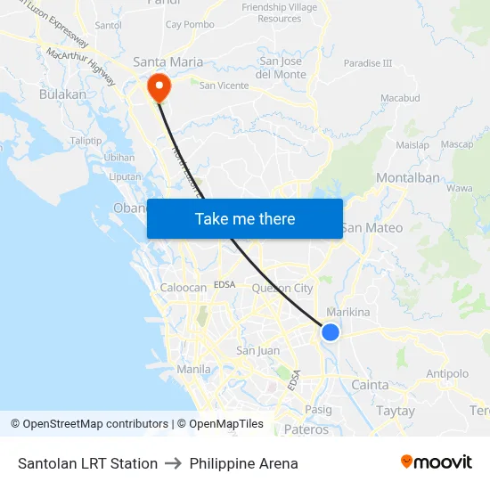 Santolan LRT Station to Philippine Arena map