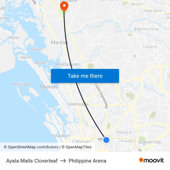 Ayala Malls Cloverleaf to Philippine Arena map
