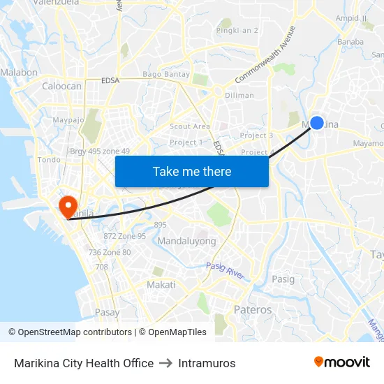 Marikina Healthy City Center to Intramuros map