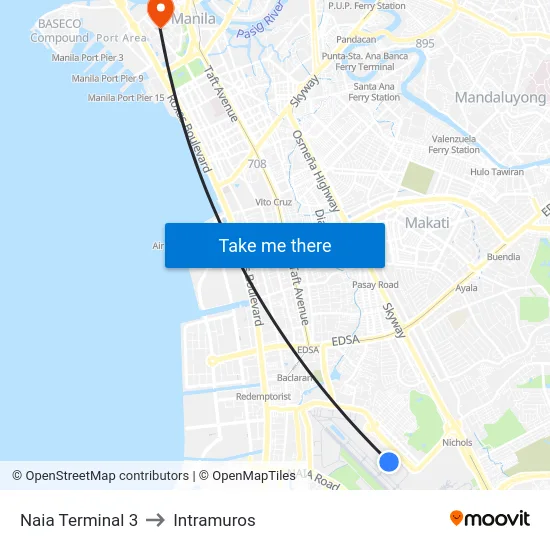Naia Terminal 3 to Intramuros map