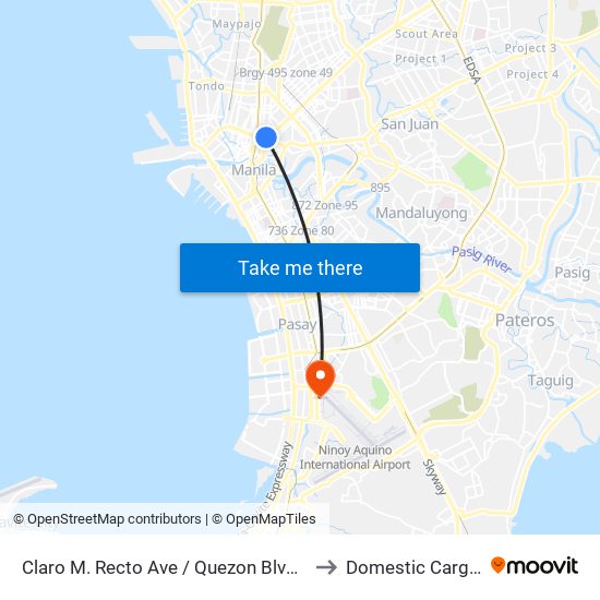 Claro M. Recto Ave / Quezon Blvd Intersection, Manila to Domestic Cargo Terminal map