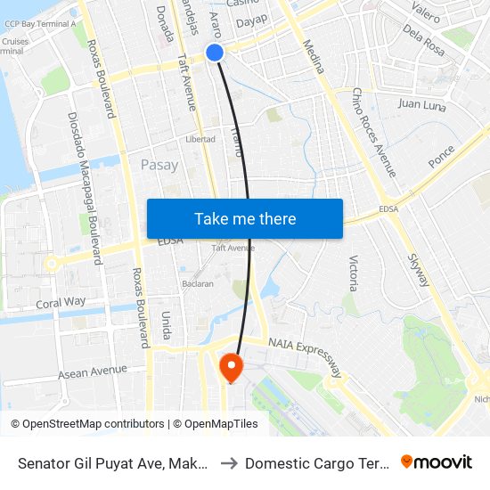 Senator Gil Puyat Ave, Makati City to Domestic Cargo Terminal map