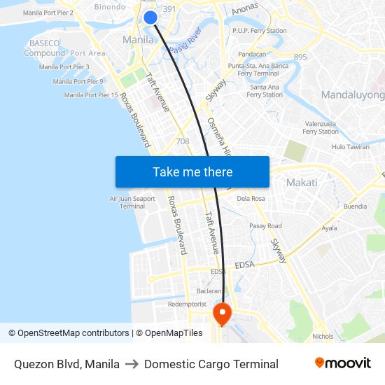 Quezon Blvd, Manila to Domestic Cargo Terminal map