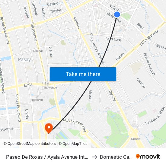Paseo De Roxas / Ayala Avenue Intersection, Makati City, Manila to Domestic Cargo Terminal map