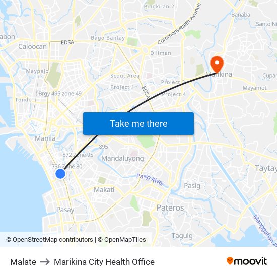 Malate to Marikina City Health Office map