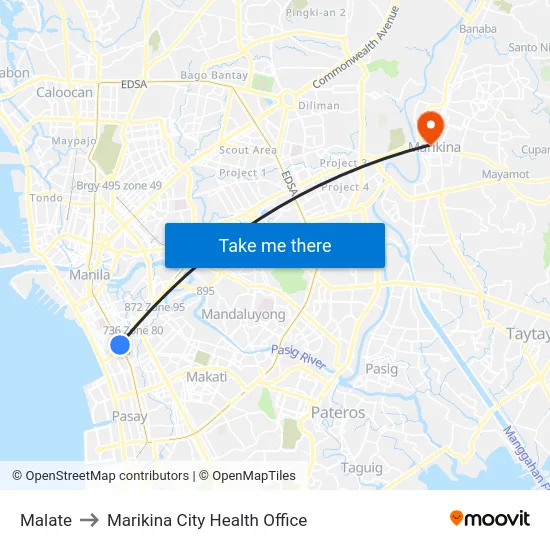 Malate to Marikina City Health Office map