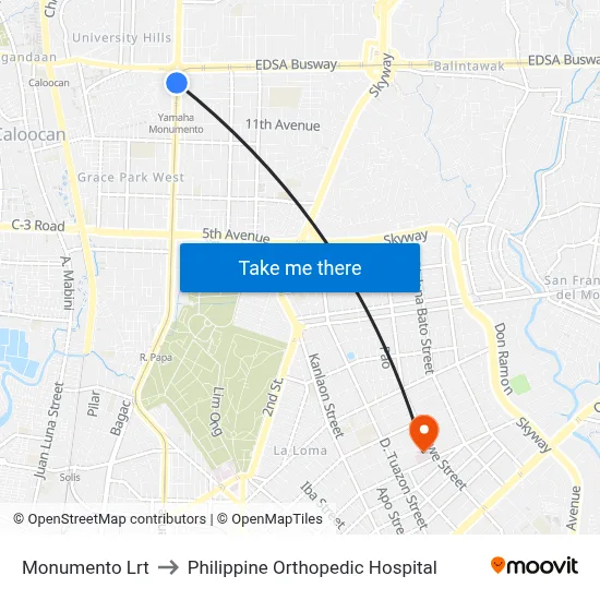 Monumento Lrt to Philippine Orthopedic Hospital map