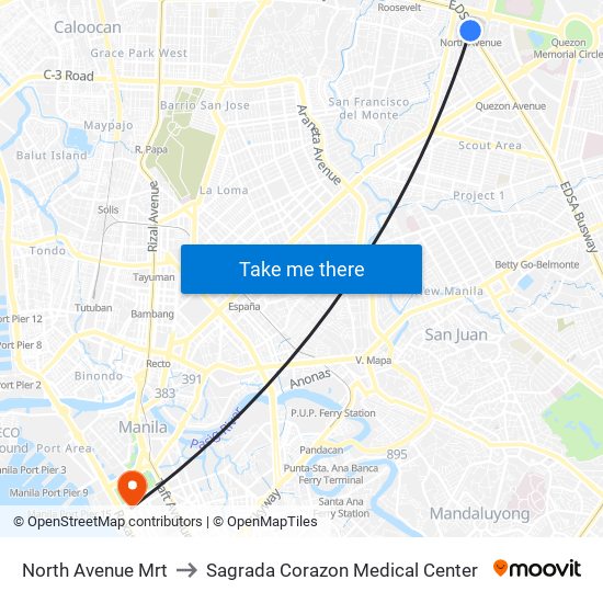 North Avenue Mrt to Sagrada Corazon Medical Center map