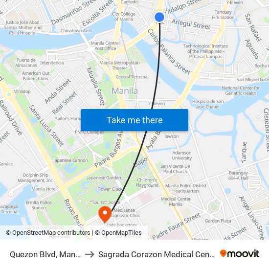 Quezon Blvd, Manila to Sagrada Corazon Medical Center map