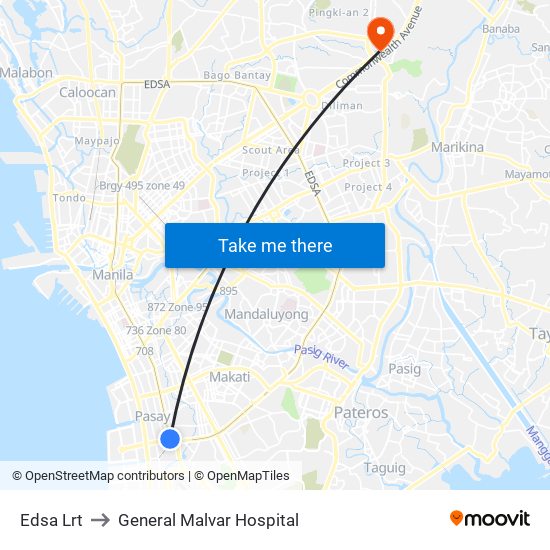 Edsa Lrt to General Malvar Hospital map