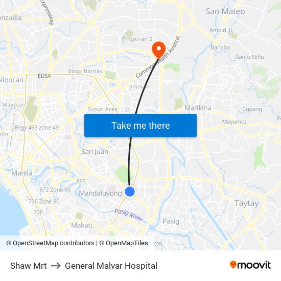 Shaw Mrt to General Malvar Hospital map