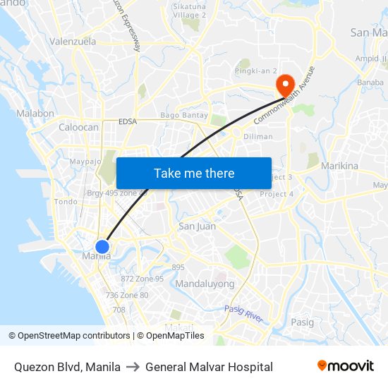 Quezon Blvd, Manila to General Malvar Hospital map