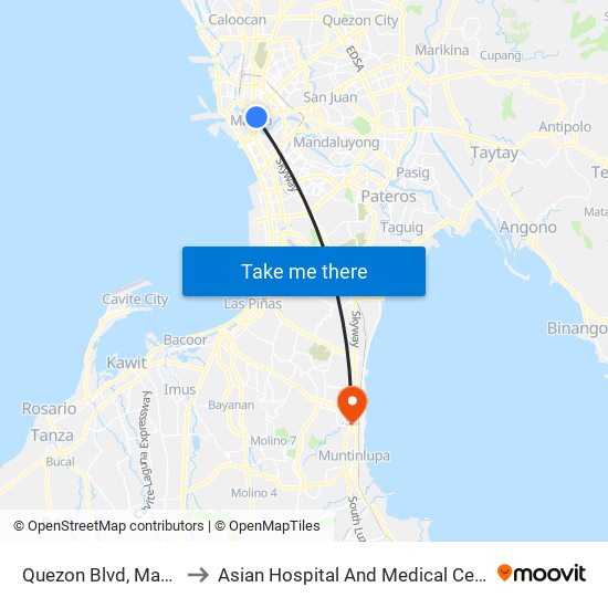 Quezon Blvd, Manila to Asian Hospital And Medical Center map