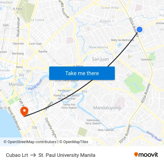Cubao Lrt to St. Paul University Manila map