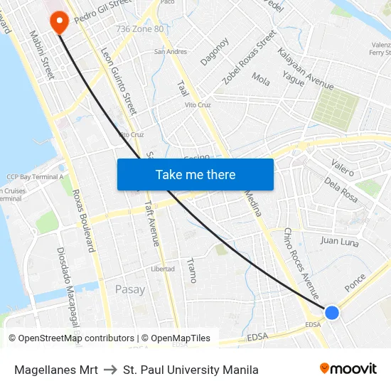 Magellanes Mrt to St. Paul University Manila map