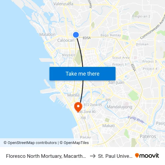 Floresco North Mortuary, Macarthur Highway, Caloocan City to St. Paul University Manila map