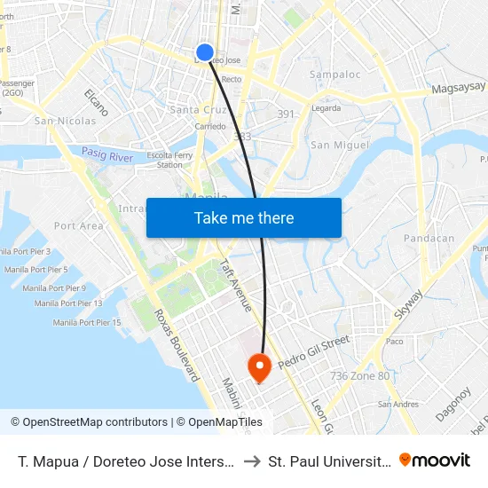 T. Mapua / Doreteo Jose Intersection, Manila to St. Paul University Manila map