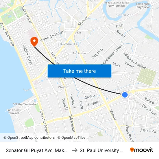 Senator Gil Puyat Ave, Makati City to St. Paul University Manila map