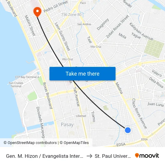 Gen. M. Hizon / Evangelista Intersection, Makati City to St. Paul University Manila map
