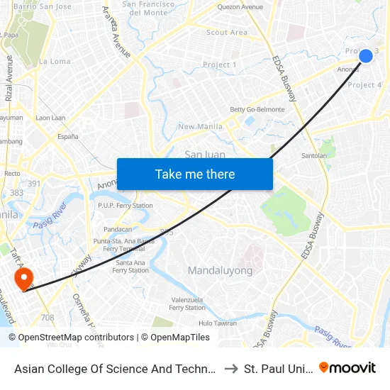 Asian College Of Science And Technology, Aurora Blvd, Quezon City, Manila to St. Paul University Manila map