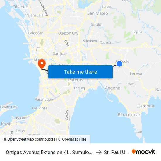 Ortigas Avenue Extension / L. Sumulong Memorial Cir Intersection, Antipolo City, Manila to St. Paul University Manila map