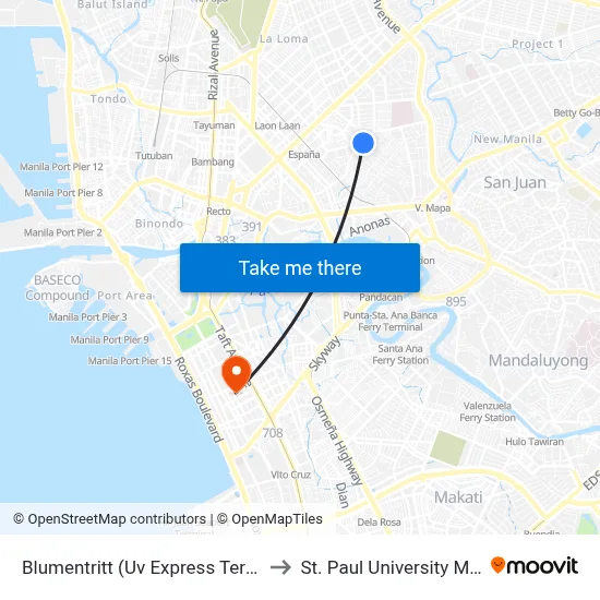 Blumentritt (Uv Express Terminal) to St. Paul University Manila map