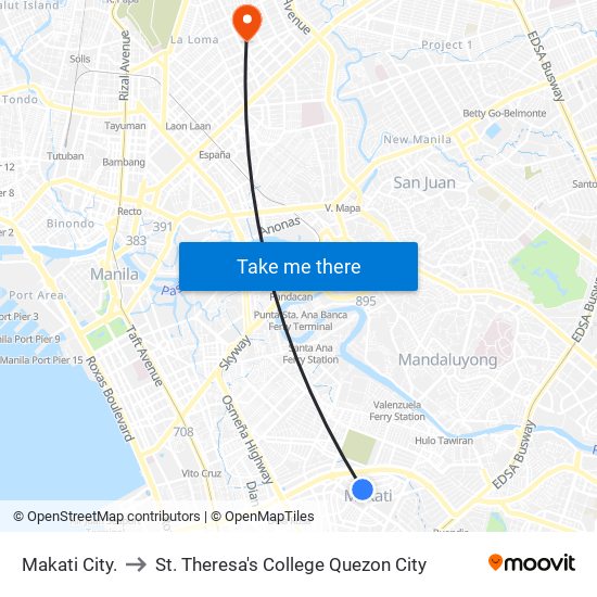 Makati City. to St. Theresa's College Quezon City map