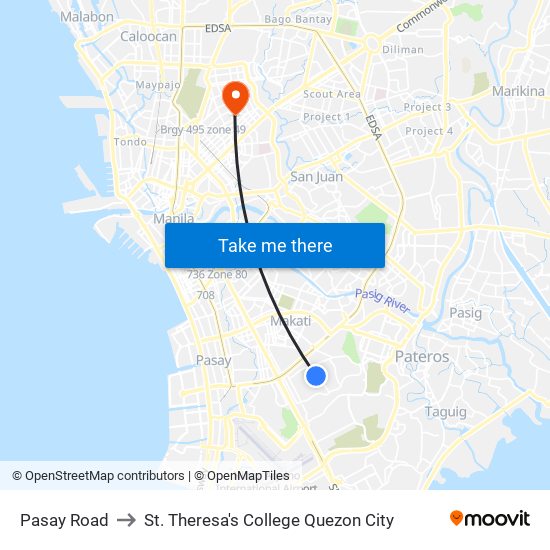 Pasay Road to St. Theresa's College Quezon City map