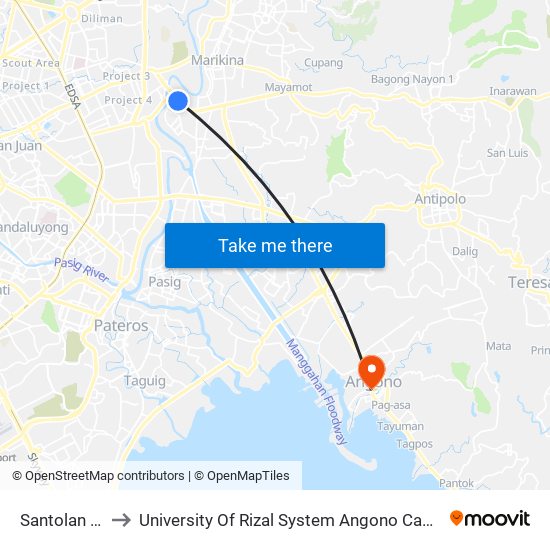Santolan Lrt to University Of Rizal System Angono Campus map