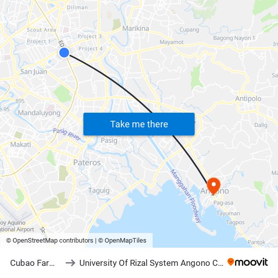 Cubao Farmers to University Of Rizal System Angono Campus map
