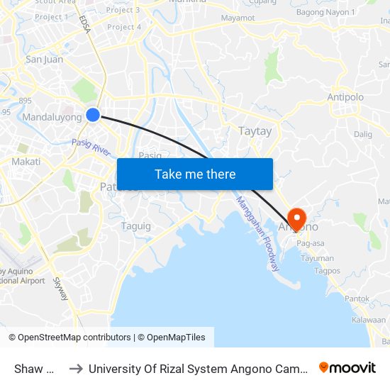 Shaw Mrt to University Of Rizal System Angono Campus map