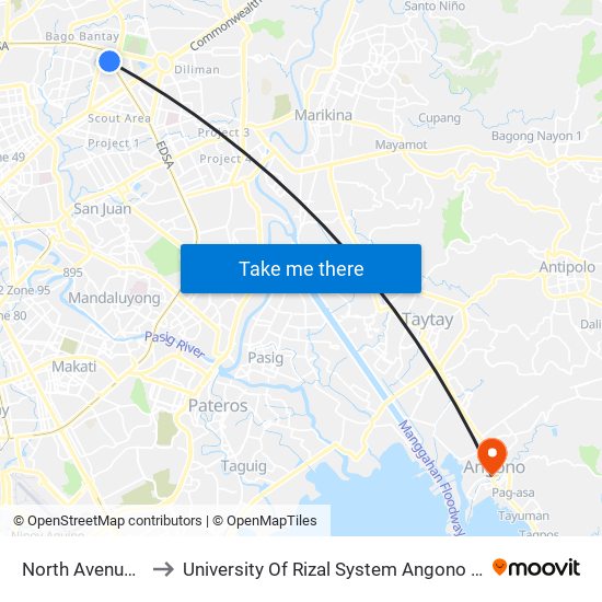 North Avenue Mrt to University Of Rizal System Angono Campus map