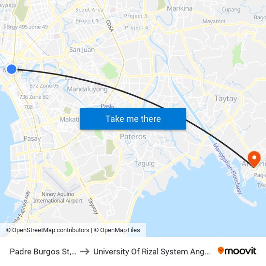 Padre Burgos St, Manila to University Of Rizal System Angono Campus map