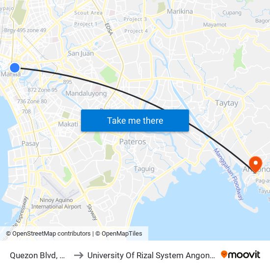 Quezon Blvd, Manila to University Of Rizal System Angono Campus map