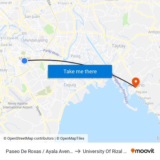 Paseo De Roxas / Ayala Avenue Intersection, Makati City, Manila to University Of Rizal System Angono Campus map