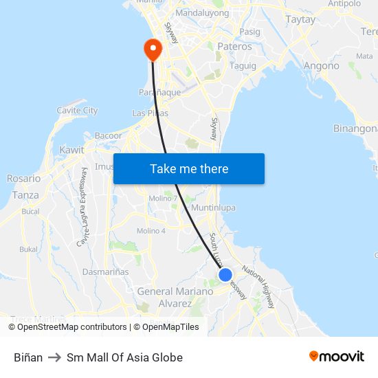 Biñan to Sm Mall Of Asia Globe map