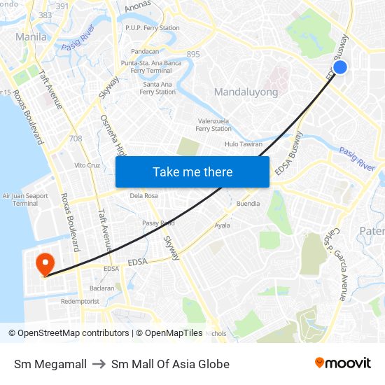 Sm Megamall to Sm Mall Of Asia Globe map