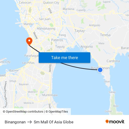 Binangonan to Sm Mall Of Asia Globe map