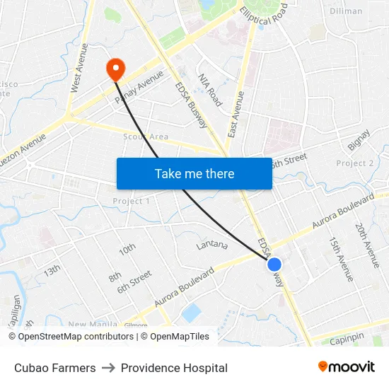 Cubao Farmers to Providence Hospital map