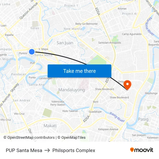 PUP Santa Mesa to Philsports Complex map