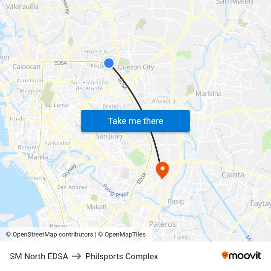 SM North EDSA to Philsports Complex map