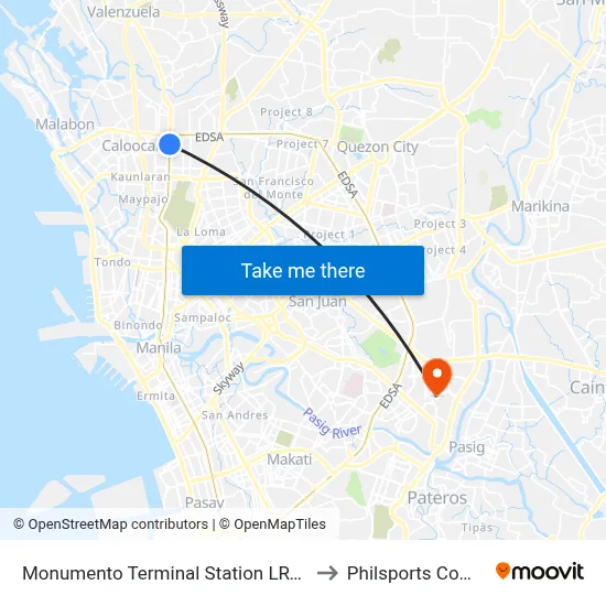Monumento Terminal Station LRT Line 1 to Philsports Complex map