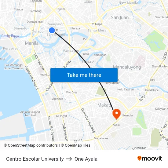 Centro Escolar University to One Ayala map