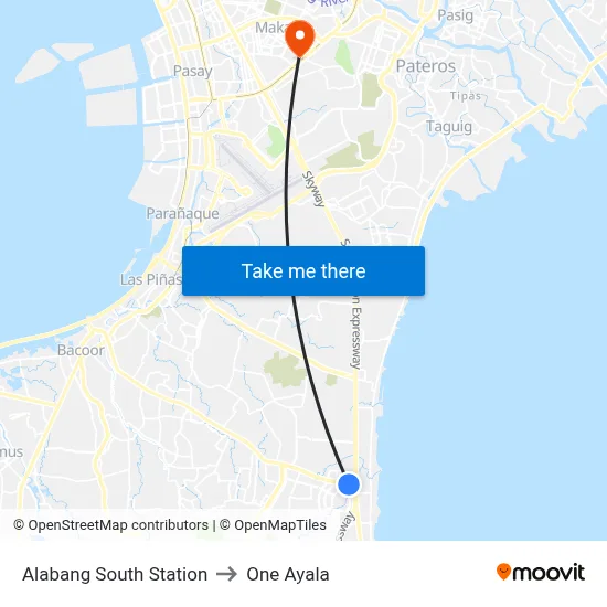 Alabang South Station to One Ayala map