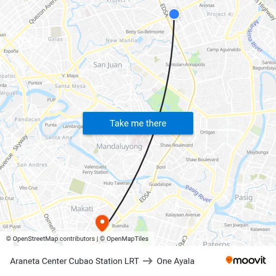 Araneta Center Cubao Station LRT to One Ayala map