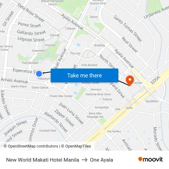 New World Makati Hotel Manila to One Ayala map