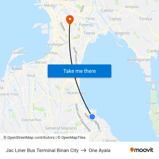 Jac Liner Bus Terminal Binan City to One Ayala map