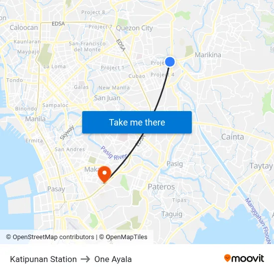 Katipunan Station to One Ayala map