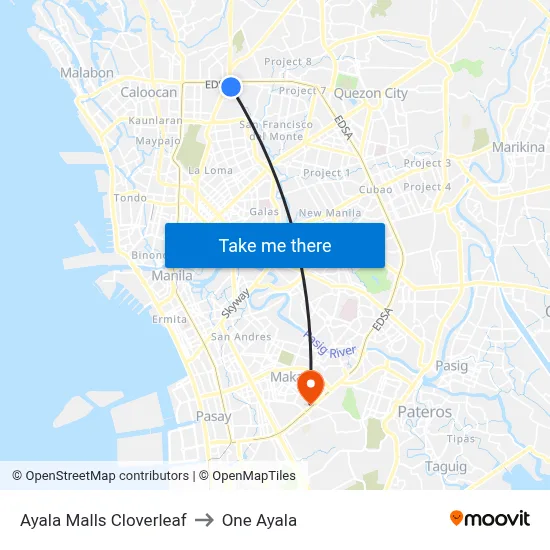 Ayala Malls Cloverleaf to One Ayala map