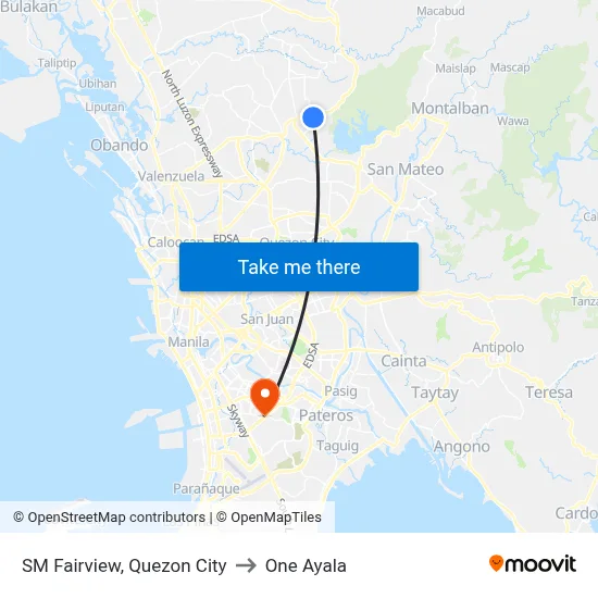 SM Fairview, Quezon City to One Ayala map